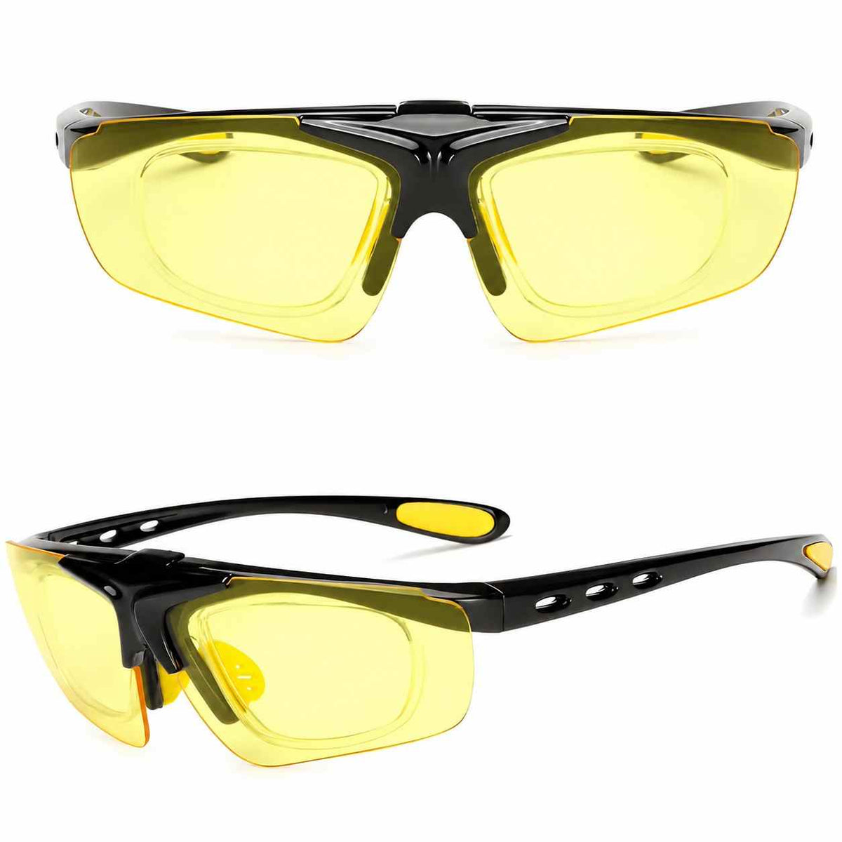 Yellow sports flip-up glasses detail view