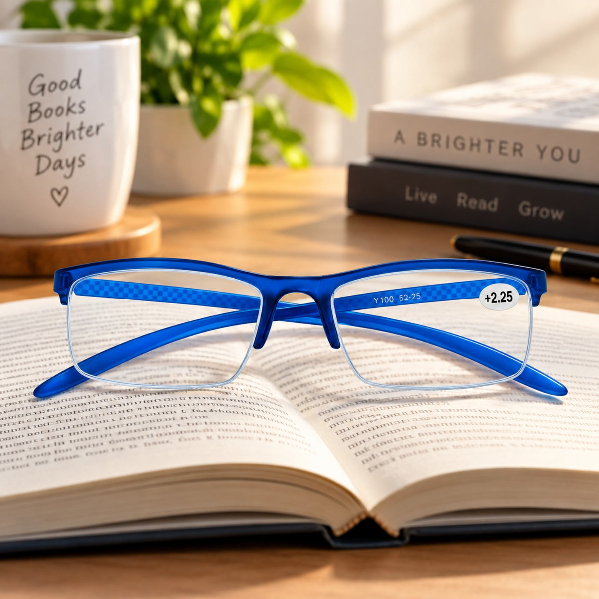 Blue light reading glasses blue frame – reading lifestyle image