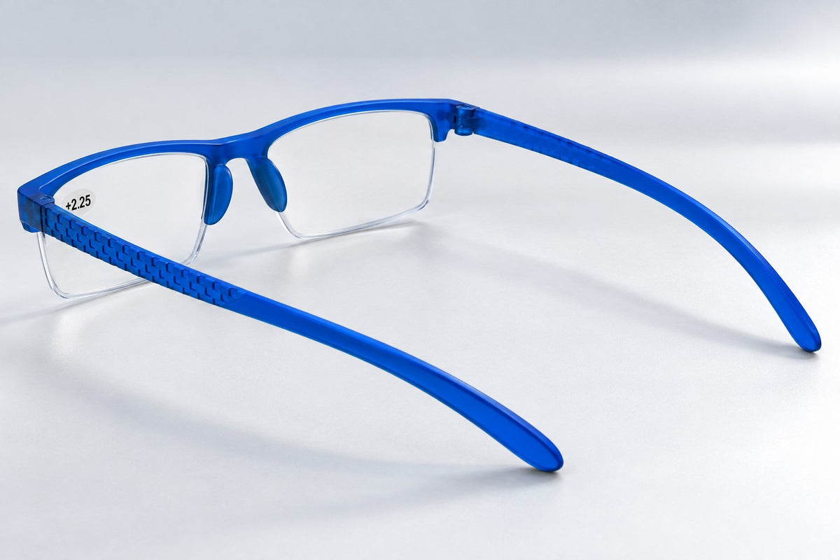 Blue light reading glasses blue frame – rear angled product view