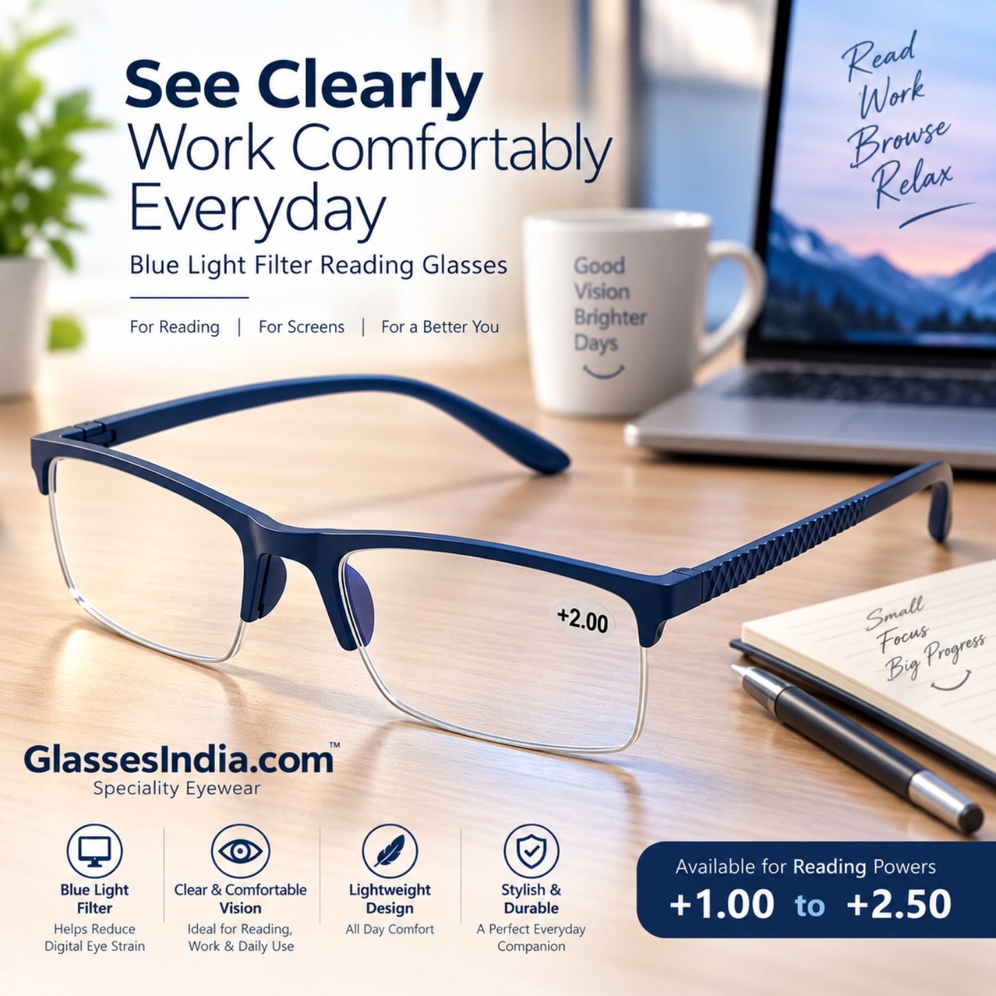 Blue light reading glasses – desk lifestyle image, GlassesIndia.com