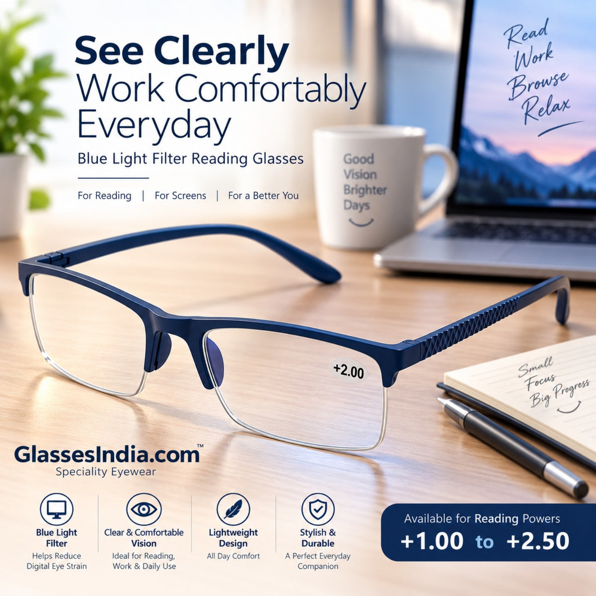 Blue light reading glasses – desk lifestyle image, GlassesIndia.com