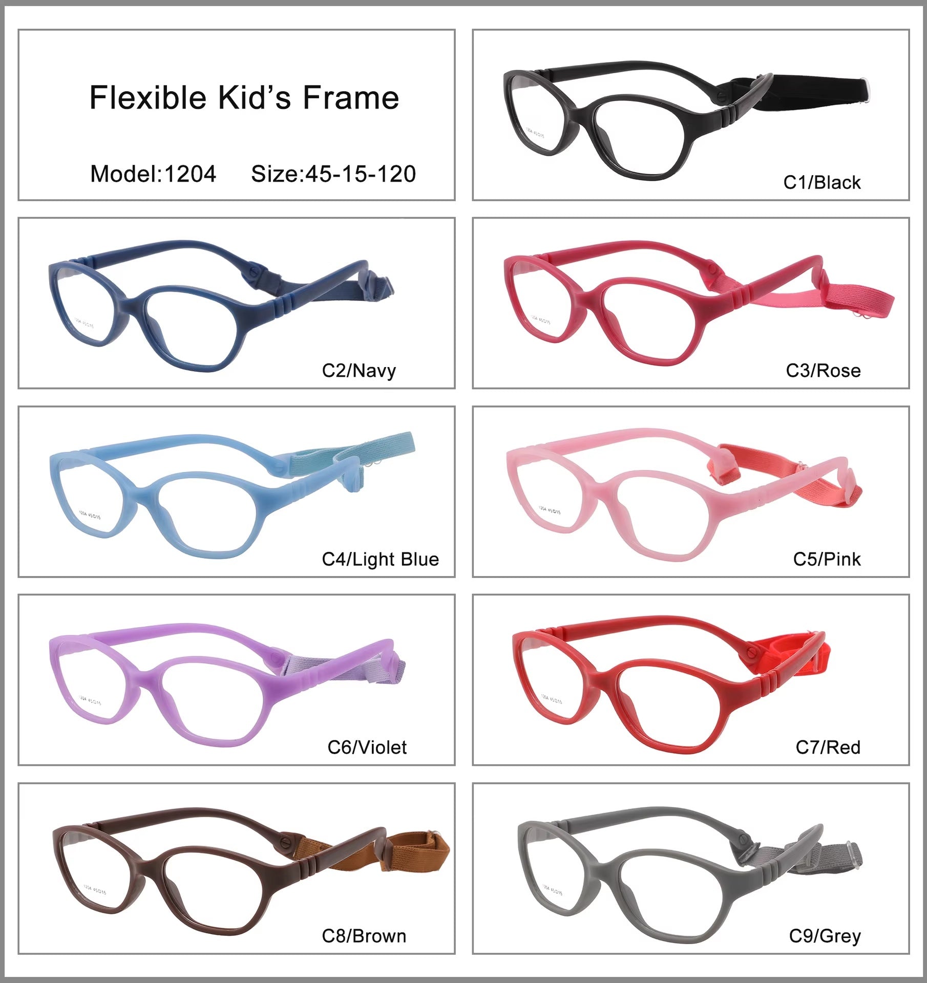 Flexible unbreakable kids glasses Model 1204 available in six colours