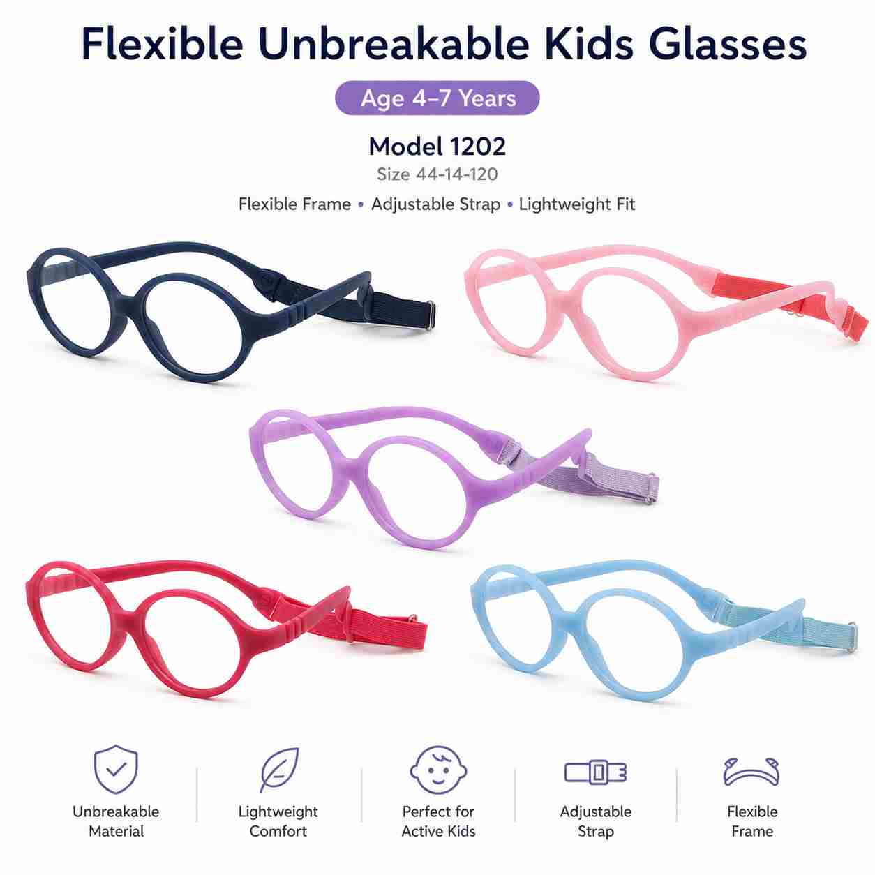 Kids flexible unbreakable glasses with blue light filter lenses for ages 4 to 7 - Model 1202