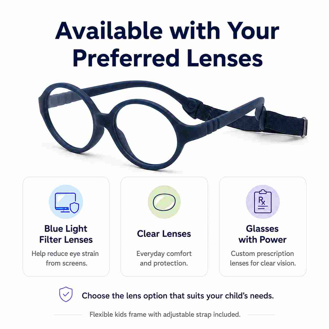 Size and fit guide for kids flexible unbreakable glasses Model 1202