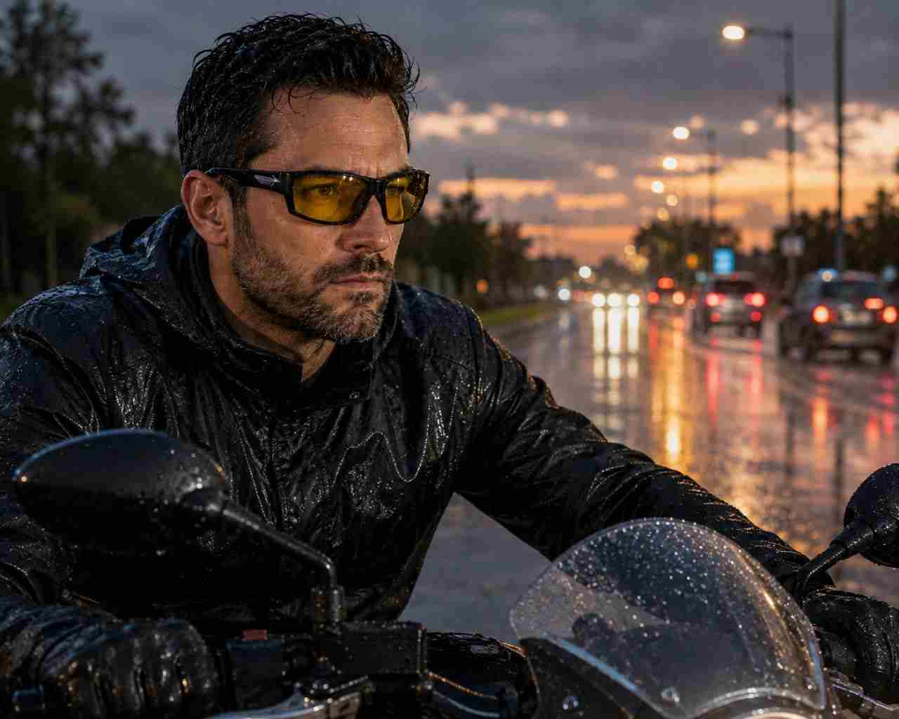 Premium night driving sunglasses with yellow tinted lenses - evening rain riding lifestyle