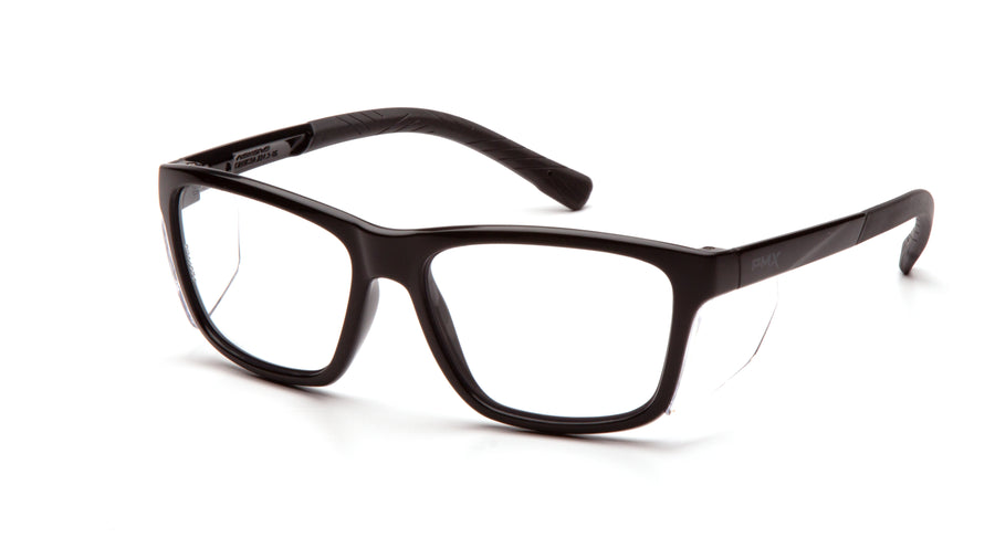 Pyramex Conaire black dry eye protection glasses front angle with side shields