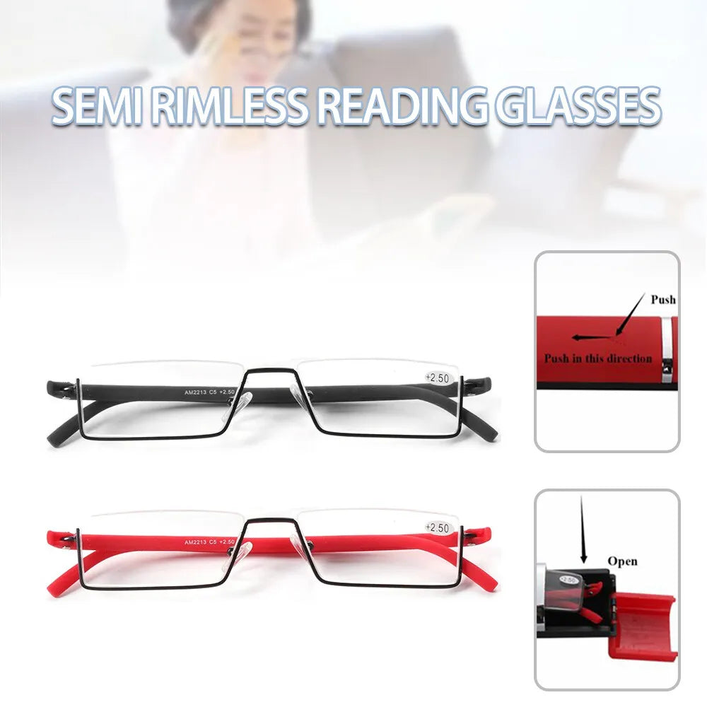 Portable Eyeglasses Semi Rimless Reading Glasses Half Frame with Case Reader