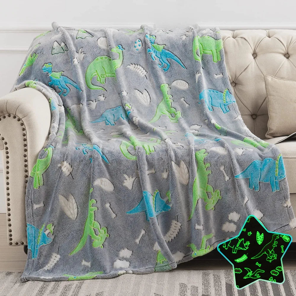 Dinosaur Glow in The Dark Blanket for Kids Flannel Throw