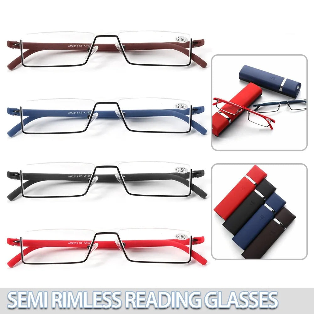 Portable Eyeglasses Semi Rimless Reading Glasses Half Frame with Case Reader