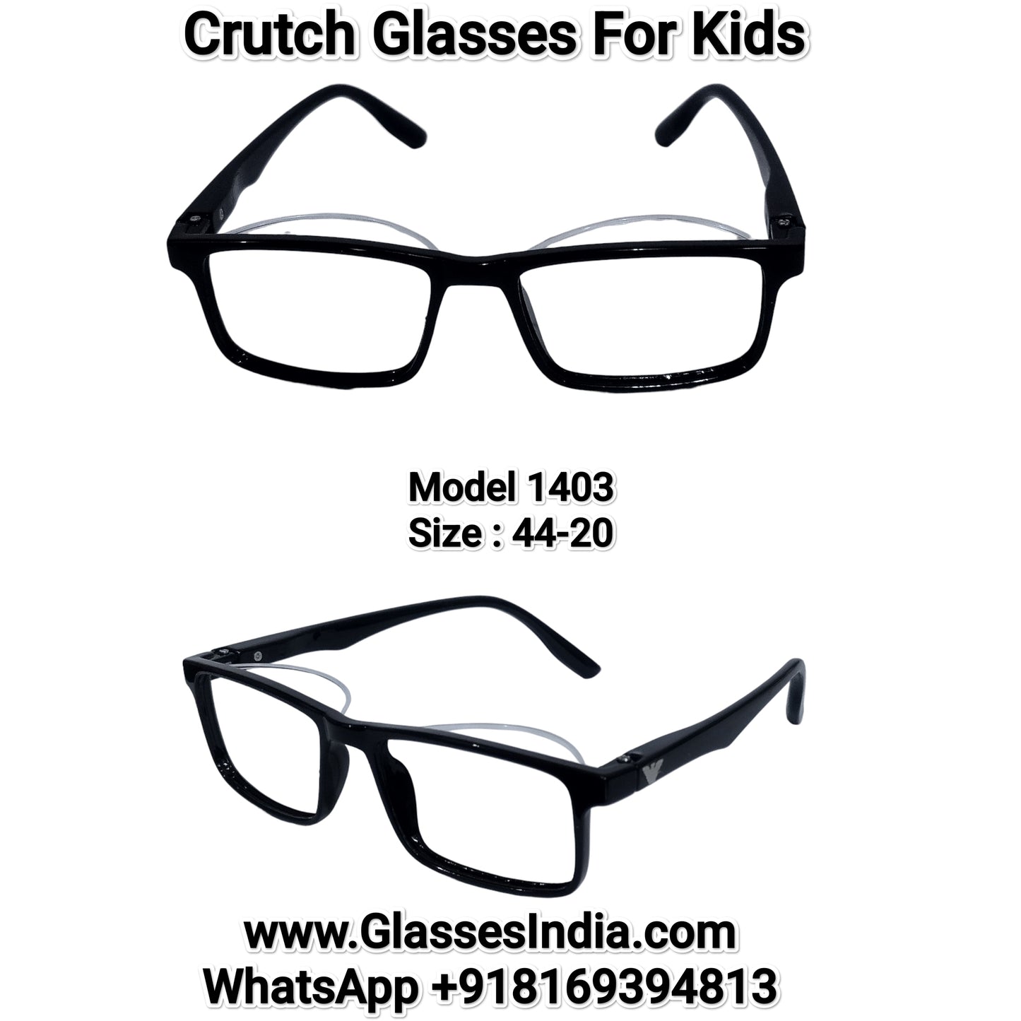 Kids Ptosis Eyeglasses with Crutch Support – Glossy Black Rectangle Frame for Eyelid Lift (Size 44-20) | Model 1403