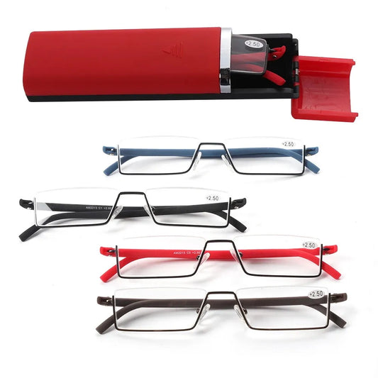 Portable Eyeglasses Semi Rimless Reading Glasses Half Frame with Case Reader