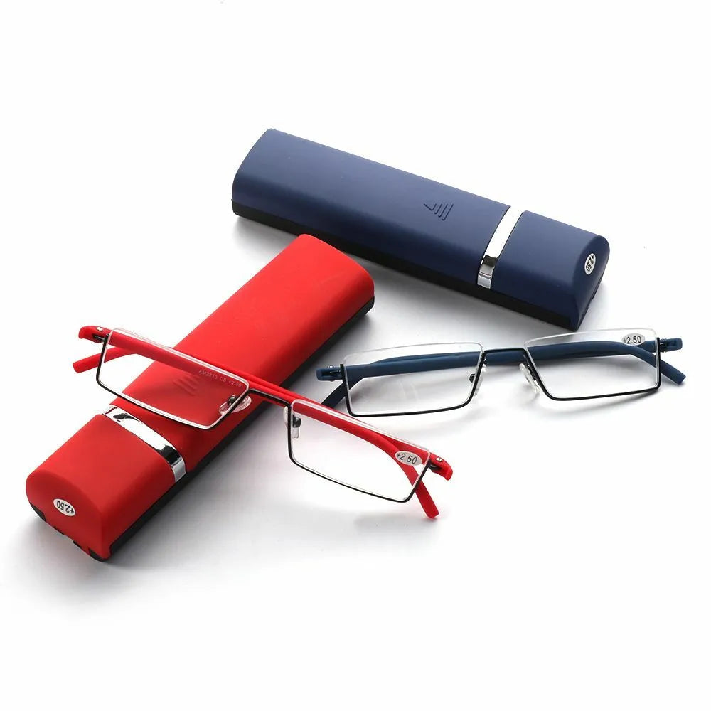 Portable Eyeglasses Semi Rimless Reading Glasses Half Frame with Case Reader