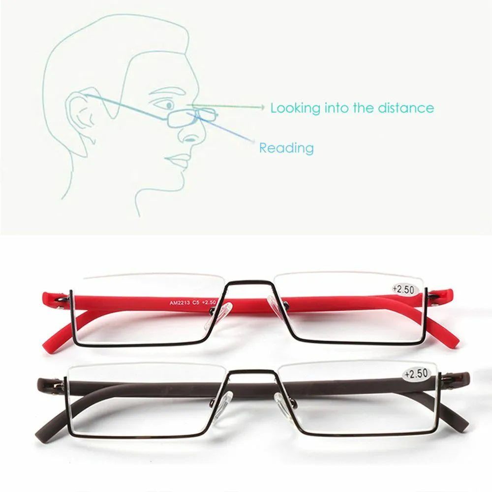 Portable Eyeglasses Semi Rimless Reading Glasses Half Frame with Case Reader