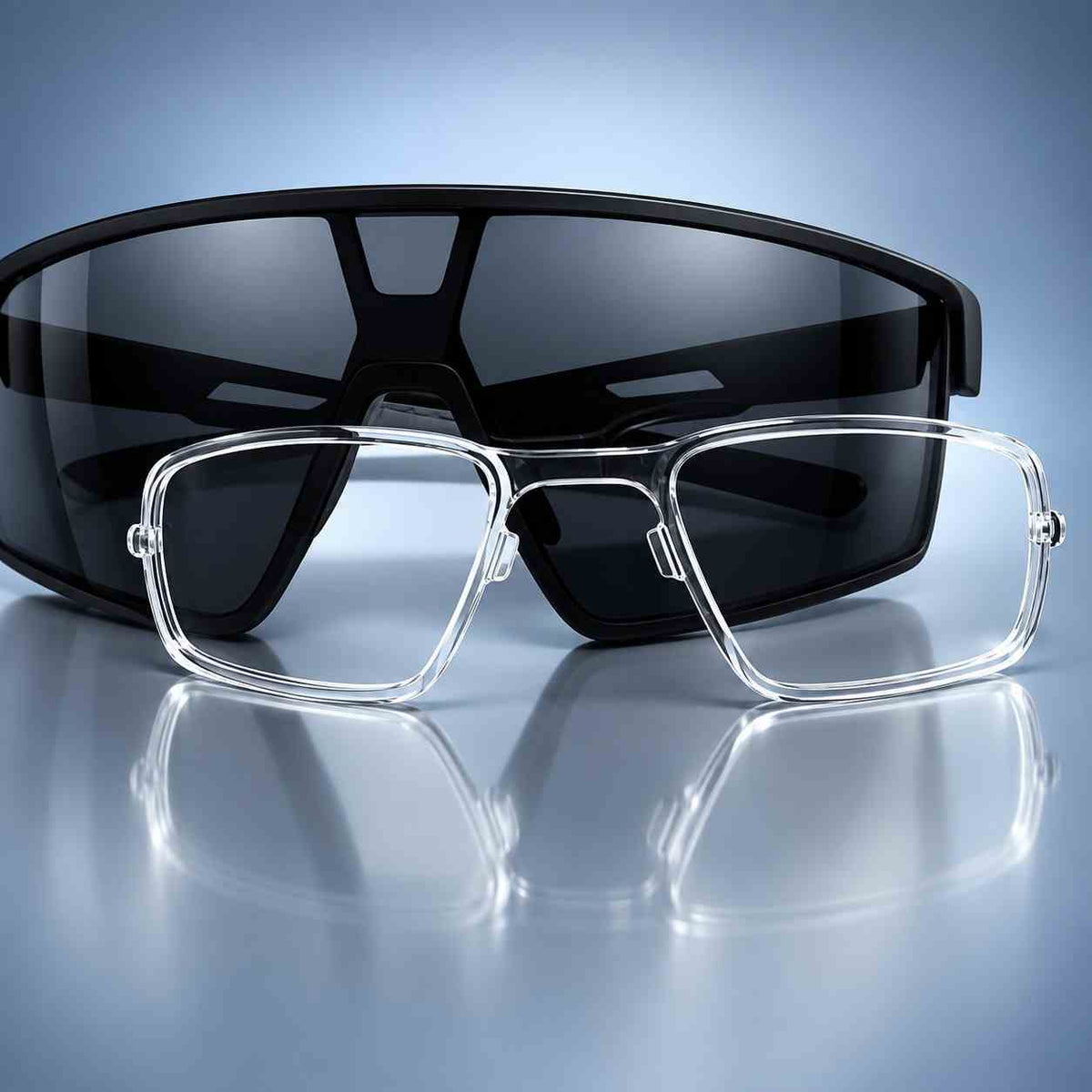 Close-up of optical prescription insert inside sports sunglasses