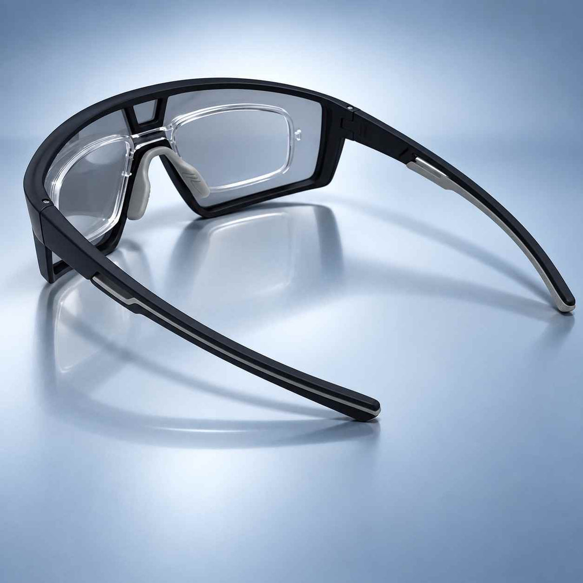 Side view of wraparound polarized sports sunglasses with power