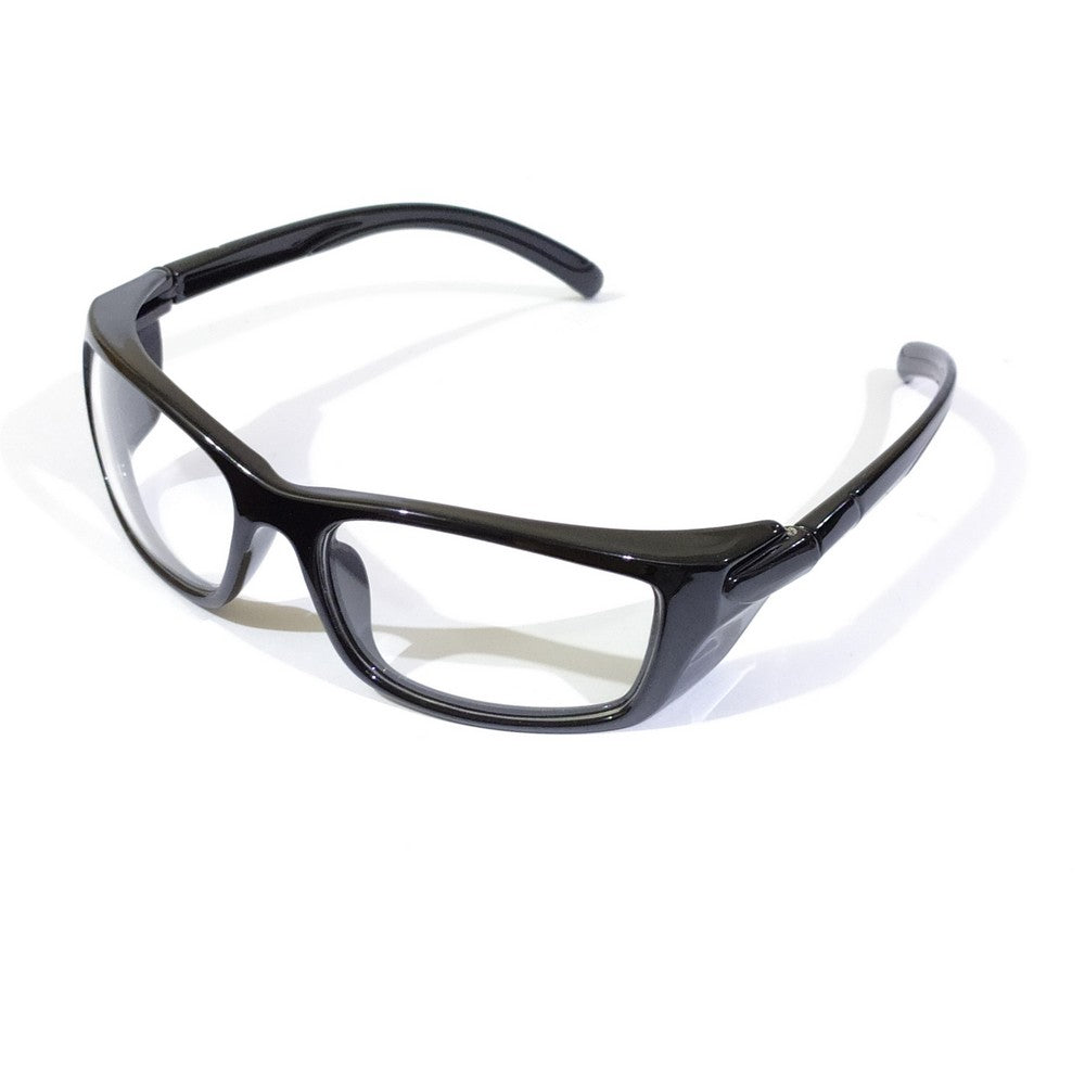 A pair of black clear glasses designed for eye protection, suitable for driving and other sports activities.