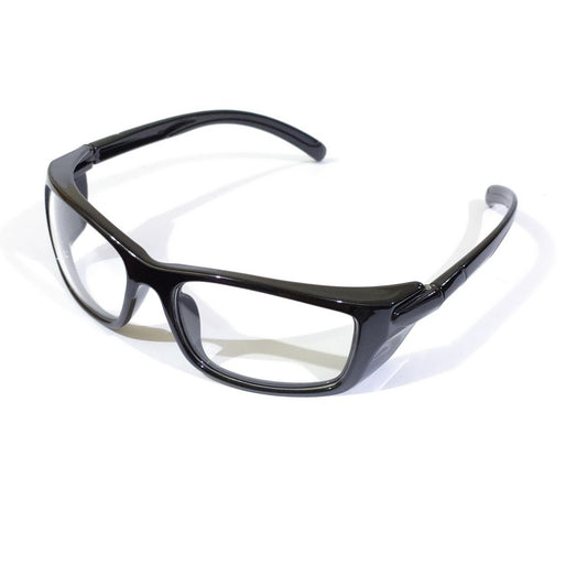 A pair of black clear glasses designed for eye protection, suitable for driving and other sports activities.