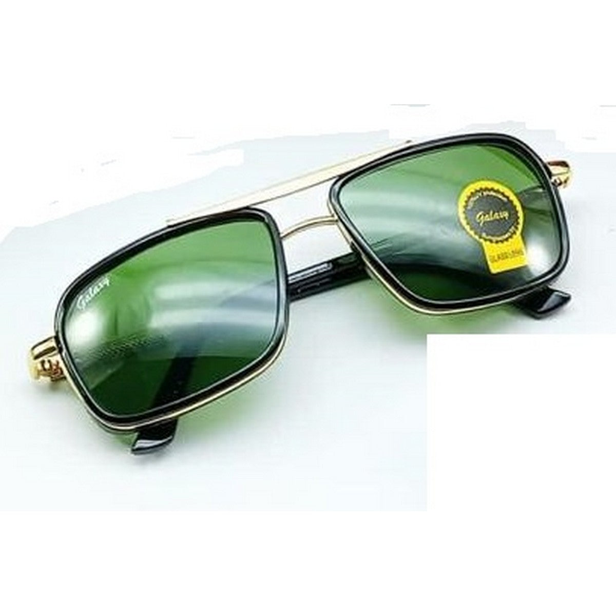 Stylish Rectangle Metal Sunglasses with G15 Glass Lens - Gold Frame, Black Front