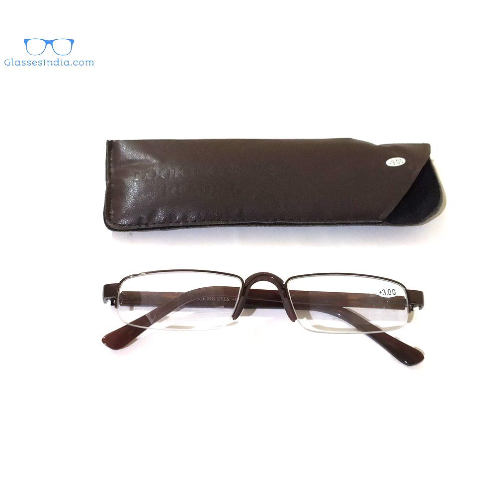 Brown Unisex Semi Rimless Half Frame Rectangle Reading Glasses For Men Women Fashion Readers with Fixed Pads and UV Protection - GlassesIndia