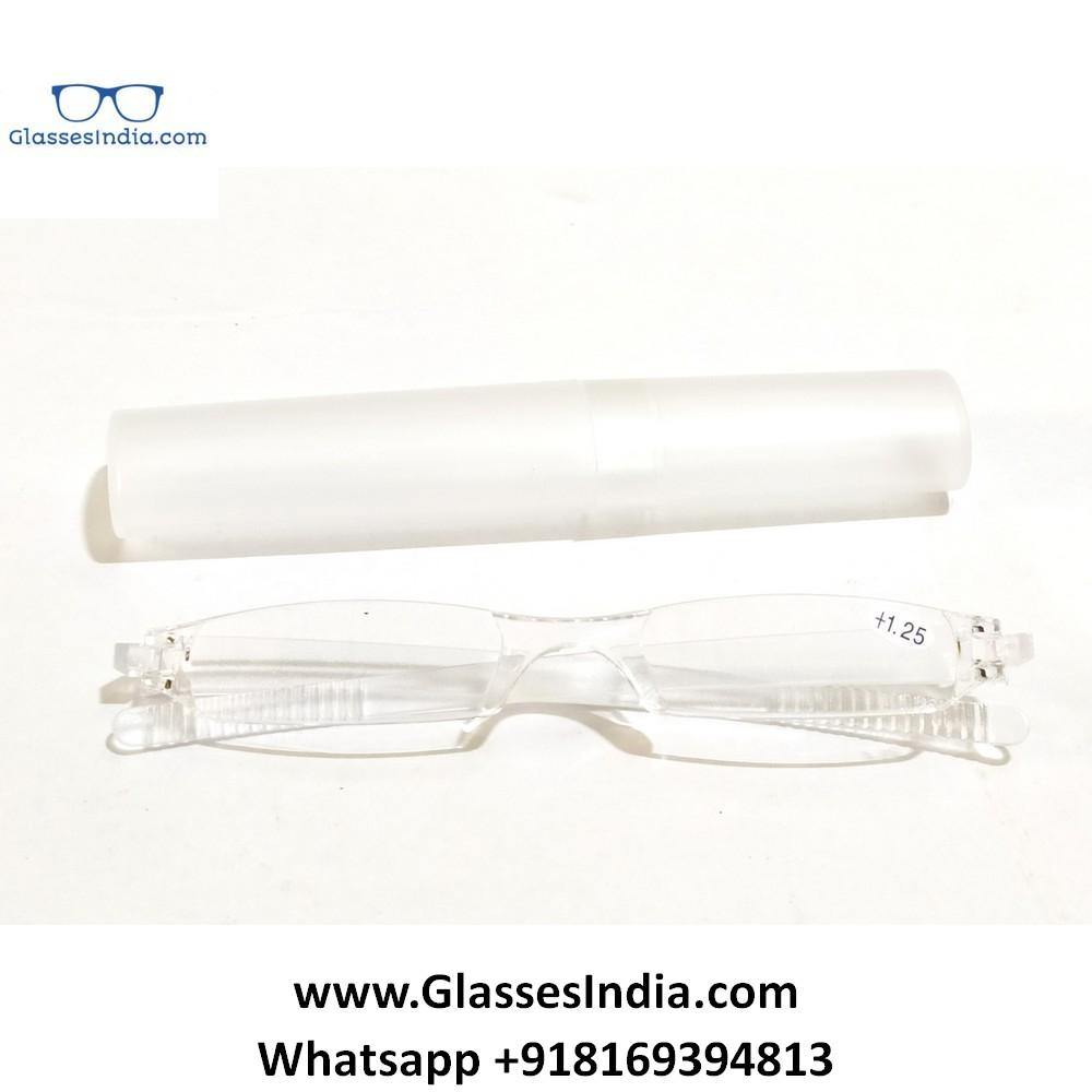 Clear Crystal Compact Slim Pen Tube Rimless Reading Glasses - Glasses India Online