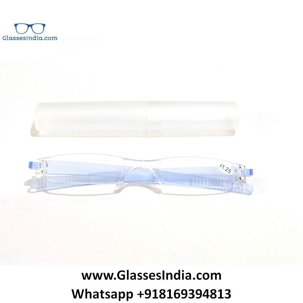 Blue Crystal Compact Slim Pen Tube Rimless Reading Glasses - Glasses India Online