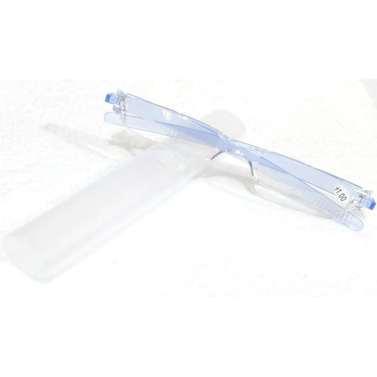 Blue Crystal Compact Slim Pen Tube Rimless Reading Glasses