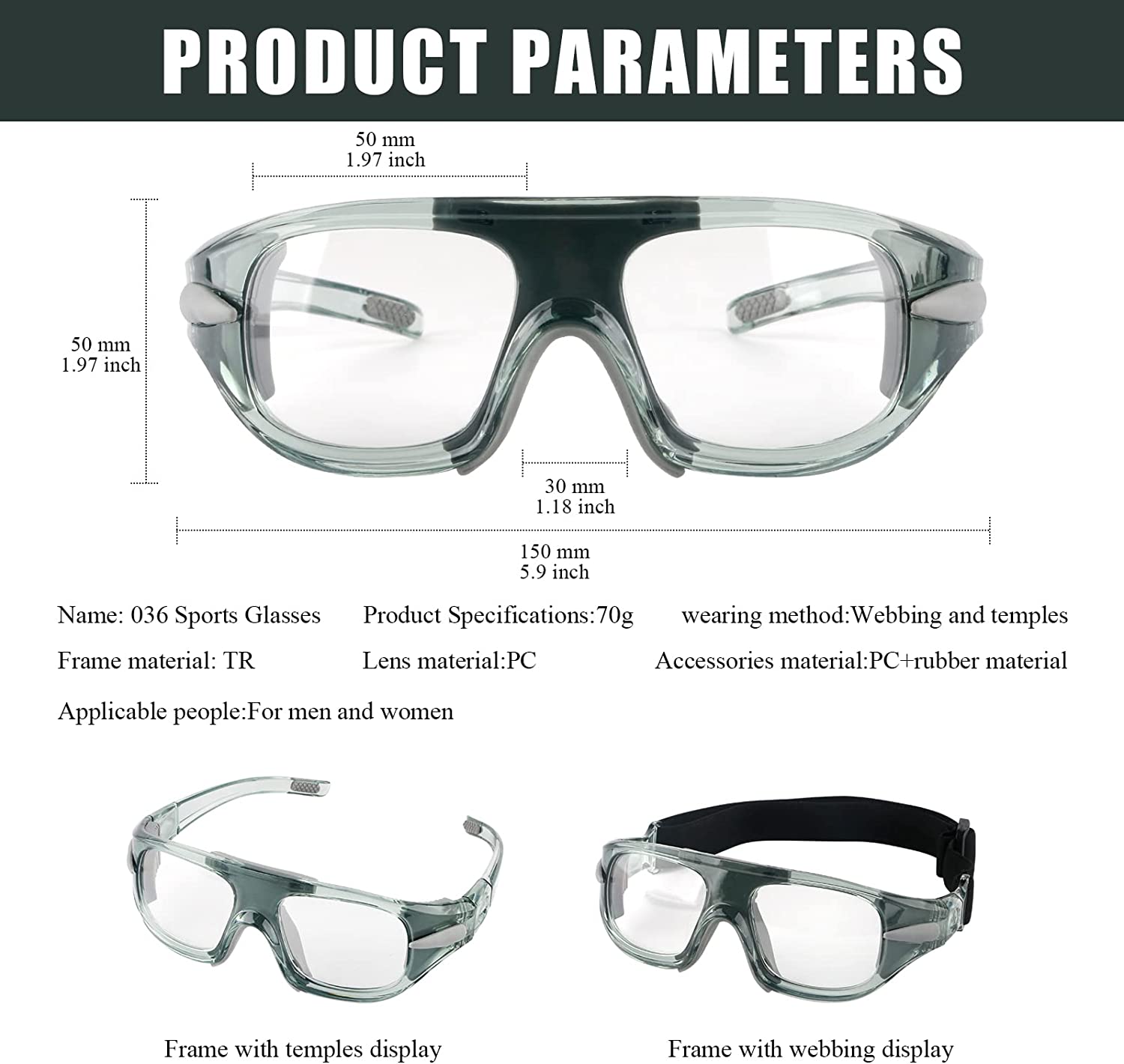 Prescription Sports Sunglasses with Adjustable Strap Grey Size Dimensions