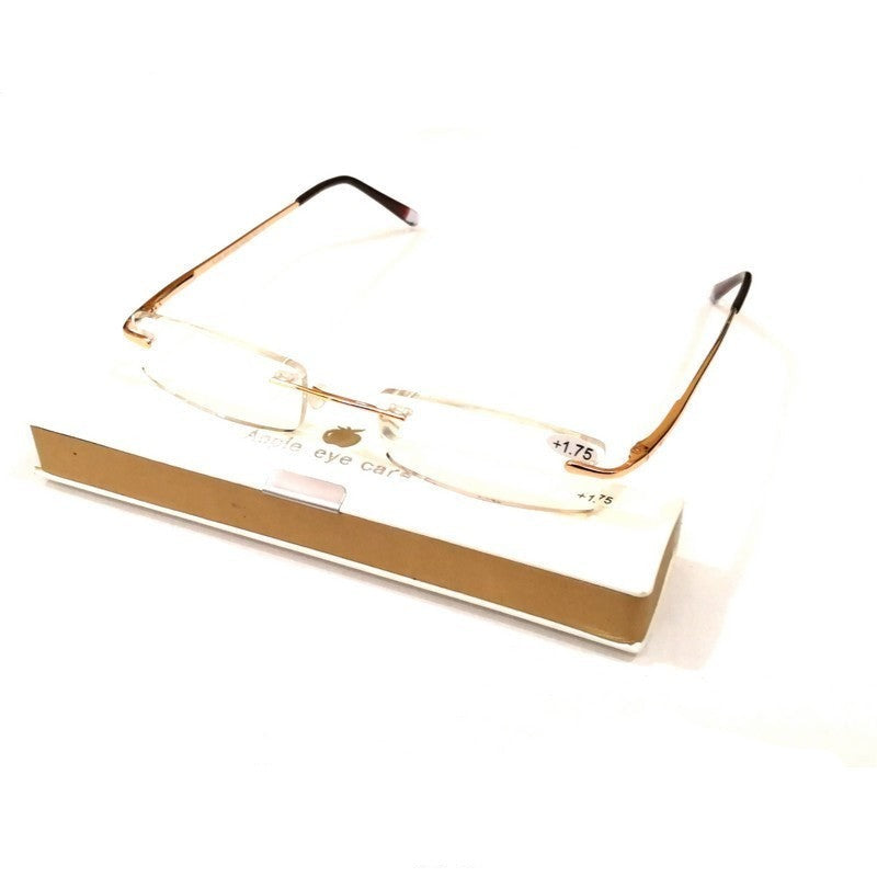 Premium Crystal Slim Rimless Reading Glasses Gold Frame Power +1.00